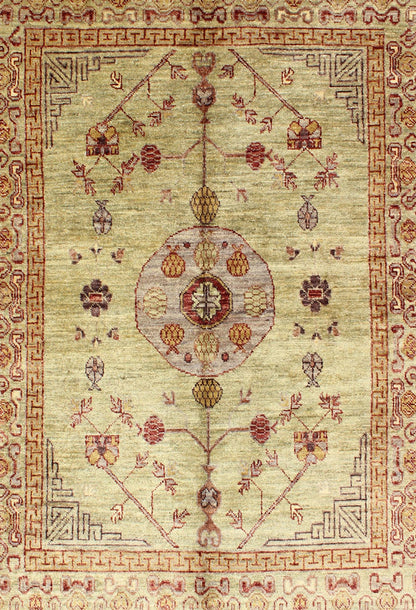 Vintage Khotan Design Rug with Circular Medallion on Light Pistachio Green, rug MP - 864, country of origin / type: Afghanistan / Khotan This Khotan features a circular medallion flanked by Greek key and repeating pattern in the border. The entire... - Keivan Woven ArtsMP - 864 - 2380Rug