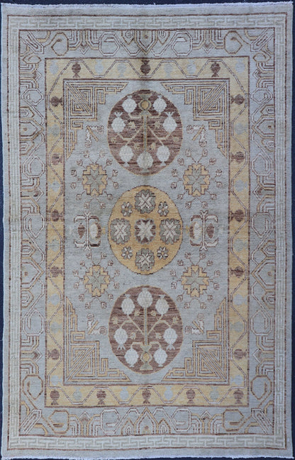 Vintage Khotan Design Rug with Three Medallion Pattern in Light Blue - Green Light Khotan rug with Circular Medallions in Light Blues - Green, Brown, Yellow and cream , rug MP - 865, country of origin / type: Afghanistan / Khotan This Khotan feat... - Keivan Woven ArtsMP - 865 - 2384Rug