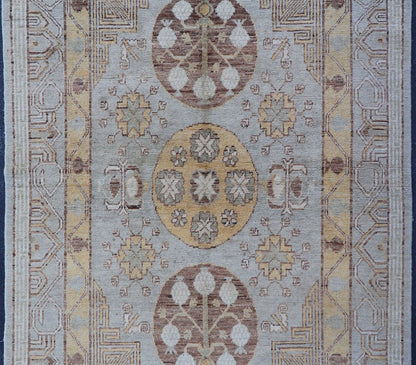 Vintage Khotan Design Rug with Three Medallion Pattern in Light Blue - Green Light Khotan rug with Circular Medallions in Light Blues - Green, Brown, Yellow and cream , rug MP - 865, country of origin / type: Afghanistan / Khotan This Khotan feat... - Keivan Woven ArtsMP - 865 - 2384Rug