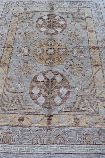 Vintage Khotan Design Rug with Three Medallion Pattern in Light Blue - Green Light Khotan rug with Circular Medallions in Light Blues - Green, Brown, Yellow and cream , rug MP - 865, country of origin / type: Afghanistan / Khotan This Khotan feat... - Keivan Woven ArtsMP - 865 - 2384Rug