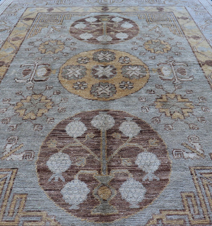 Vintage Khotan Design Rug with Three Medallion Pattern in Light Blue - Green Light Khotan rug with Circular Medallions in Light Blues - Green, Brown, Yellow and cream , rug MP - 865, country of origin / type: Afghanistan / Khotan This Khotan feat... - Keivan Woven ArtsMP - 865 - 2384Rug