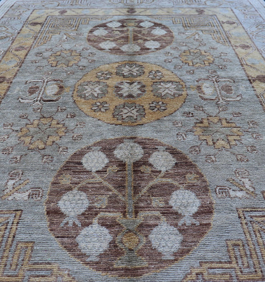 Vintage Khotan Design Rug with Three Medallion Pattern in Light Blue - Green Light Khotan rug with Circular Medallions in Light Blues - Green, Brown, Yellow and cream , rug MP - 865, country of origin / type: Afghanistan / Khotan This Khotan feat... - Keivan Woven ArtsMP - 865 - 2384Rug
