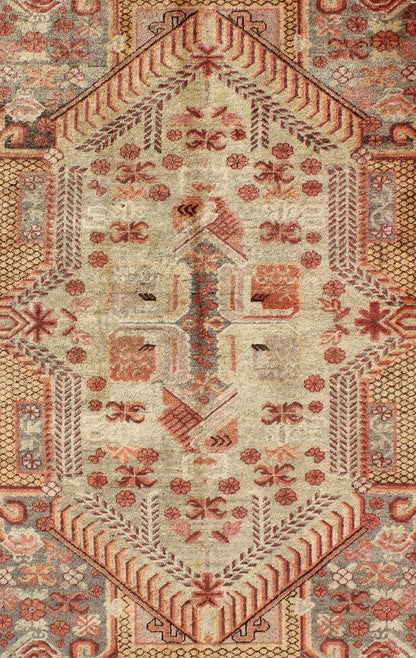 Antique Khotan Rug with Unique Pattern in Gray Border, soft Yellow Green field, Red, Red Orange, Lt. Green & Brown. Khotan Antique Rug with Exquisite Tribal Patterns in Gray, Light blue, Orange, Lt. Green, Orange, Sand, Taupe. Keivan Woven Arts... - Keivan Woven ArtsMP - 884 - 113550 - 3025Rug