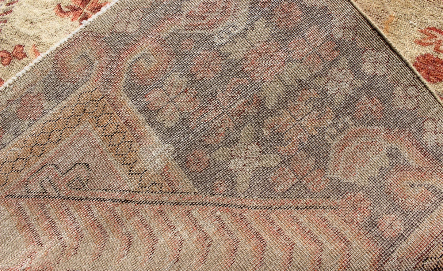 Antique Khotan Rug with Unique Pattern in Gray Border, soft Yellow Green field, Red, Red Orange, Lt. Green & Brown. Khotan Antique Rug with Exquisite Tribal Patterns in Gray, Light blue, Orange, Lt. Green, Orange, Sand, Taupe. Keivan Woven Arts... - Keivan Woven ArtsMP - 884 - 113550 - 3025Rug