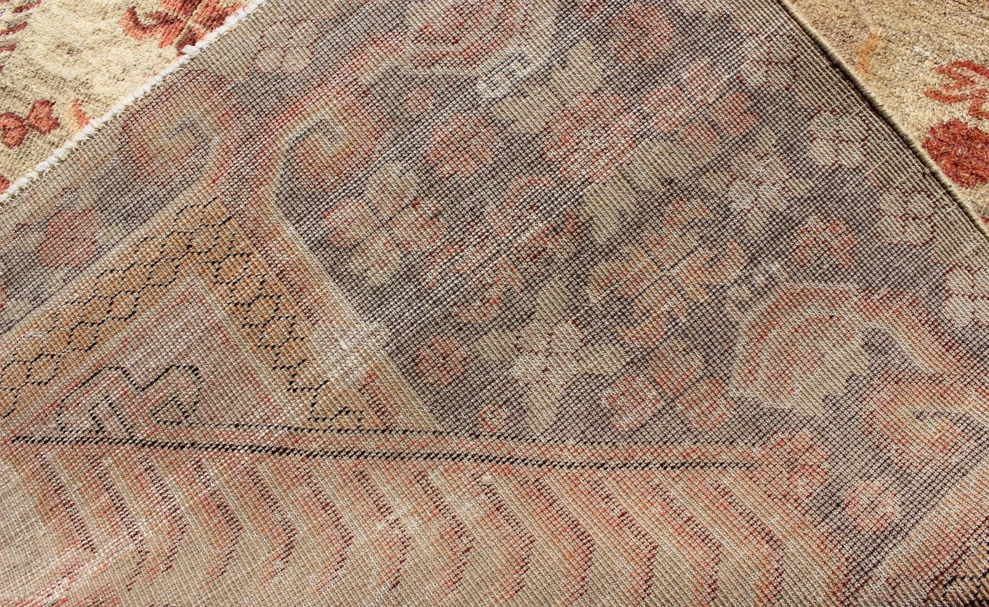 Antique Khotan Rug with Unique Pattern in Gray Border, soft Yellow Green field, Red, Red Orange, Lt. Green & Brown. Khotan Antique Rug with Exquisite Tribal Patterns in Gray, Light blue, Orange, Lt. Green, Orange, Sand, Taupe. Keivan Woven Arts... - Keivan Woven ArtsMP - 884 - 113550 - 3025Rug