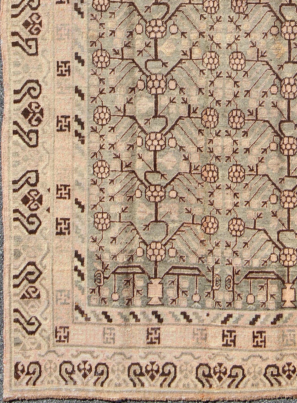 Antique Turkmenistan Khotan Carpet This wonderful Khotan shows the traditional pomegranate design with a unique color combination. The border has a scroll design, with a smaller Greek key guard border. The beautiful colors include a gray - blue ba... - Keivan Woven ArtsMP - 885 - 375 - 3031Rug