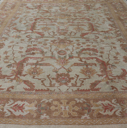 Large Turkish Oushak Rug with Silver Color Background, Brown, Soft Red, Yellow Measures 13'0 x 19'6 This Oushak rug was hand knotted in Turkey. This woven art boasts a unique color palette, featuring silver tone background, cream light... - Keivan Woven ArtsMSD - 1333 - 4272Rug