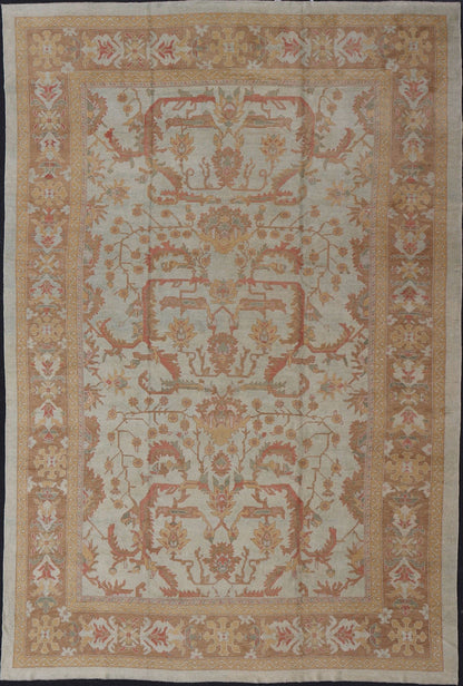Large Turkish Oushak Rug with Silver Color Background, Brown, Soft Red, Yellow Measures 13'0 x 19'6 This Oushak rug was hand knotted in Turkey. This woven art boasts a unique color palette, featuring silver tone background, cream light... - Keivan Woven ArtsMSD - 1333 - 4272Rug
