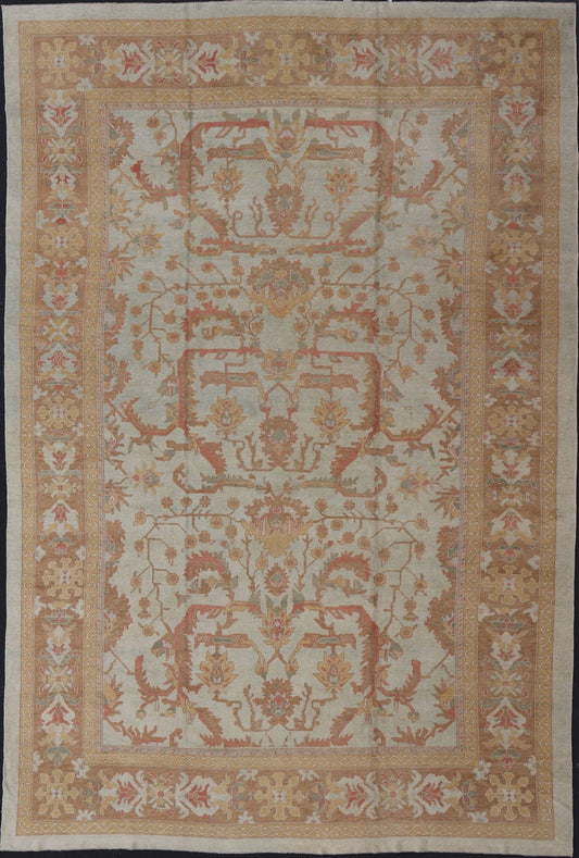 Large Turkish Oushak Rug with Silver Color Background, Brown, Soft Red, Yellow Measures 13'0 x 19'6 This Oushak rug was hand knotted in Turkey. This woven art boasts a unique color palette, featuring silver tone background, cream light... - Keivan Woven ArtsMSD - 1333 - 4272Rug