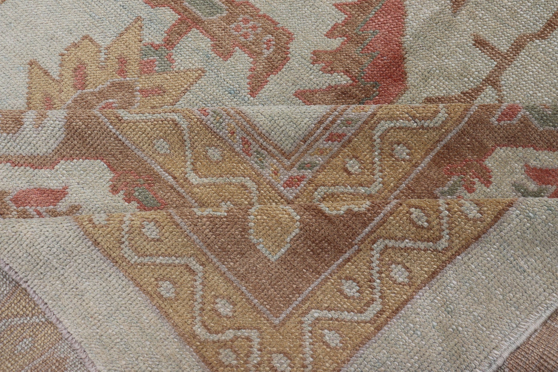 Large Turkish Oushak Rug with Silver Color Background, Brown, Soft Red, Yellow Measures 13'0 x 19'6 This Oushak rug was hand knotted in Turkey. This woven art boasts a unique color palette, featuring silver tone background, cream light... - Keivan Woven ArtsMSD - 1333 - 4272Rug