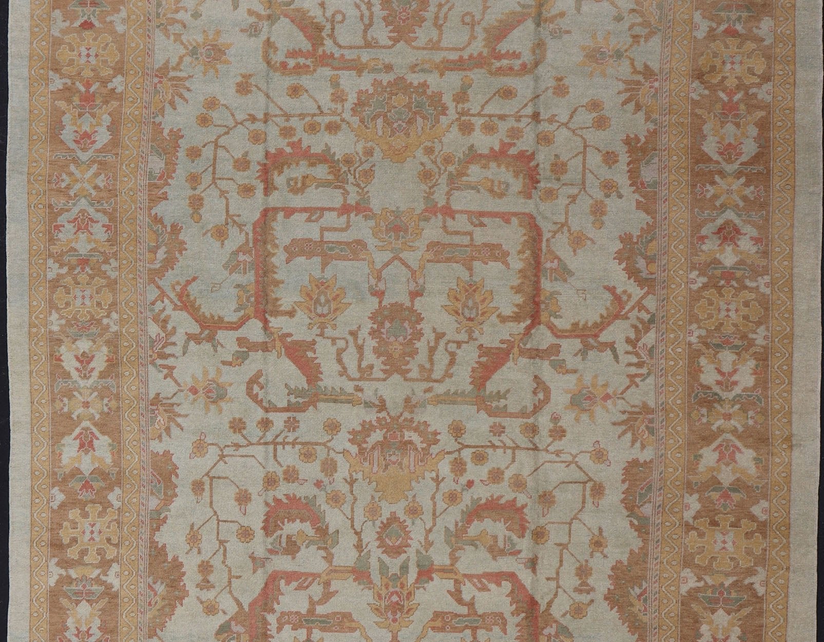Large Turkish Oushak Rug with Silver Color Background, Brown, Soft Red, Yellow Measures 13'0 x 19'6 This Oushak rug was hand knotted in Turkey. This woven art boasts a unique color palette, featuring silver tone background, cream light... - Keivan Woven ArtsMSD - 1333 - 4272Rug