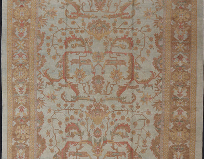 Large Turkish Oushak Rug with Silver Color Background, Brown, Soft Red, Yellow Measures 13'0 x 19'6 This Oushak rug was hand knotted in Turkey. This woven art boasts a unique color palette, featuring silver tone background, cream light... - Keivan Woven ArtsMSD - 1333 - 4272Rug