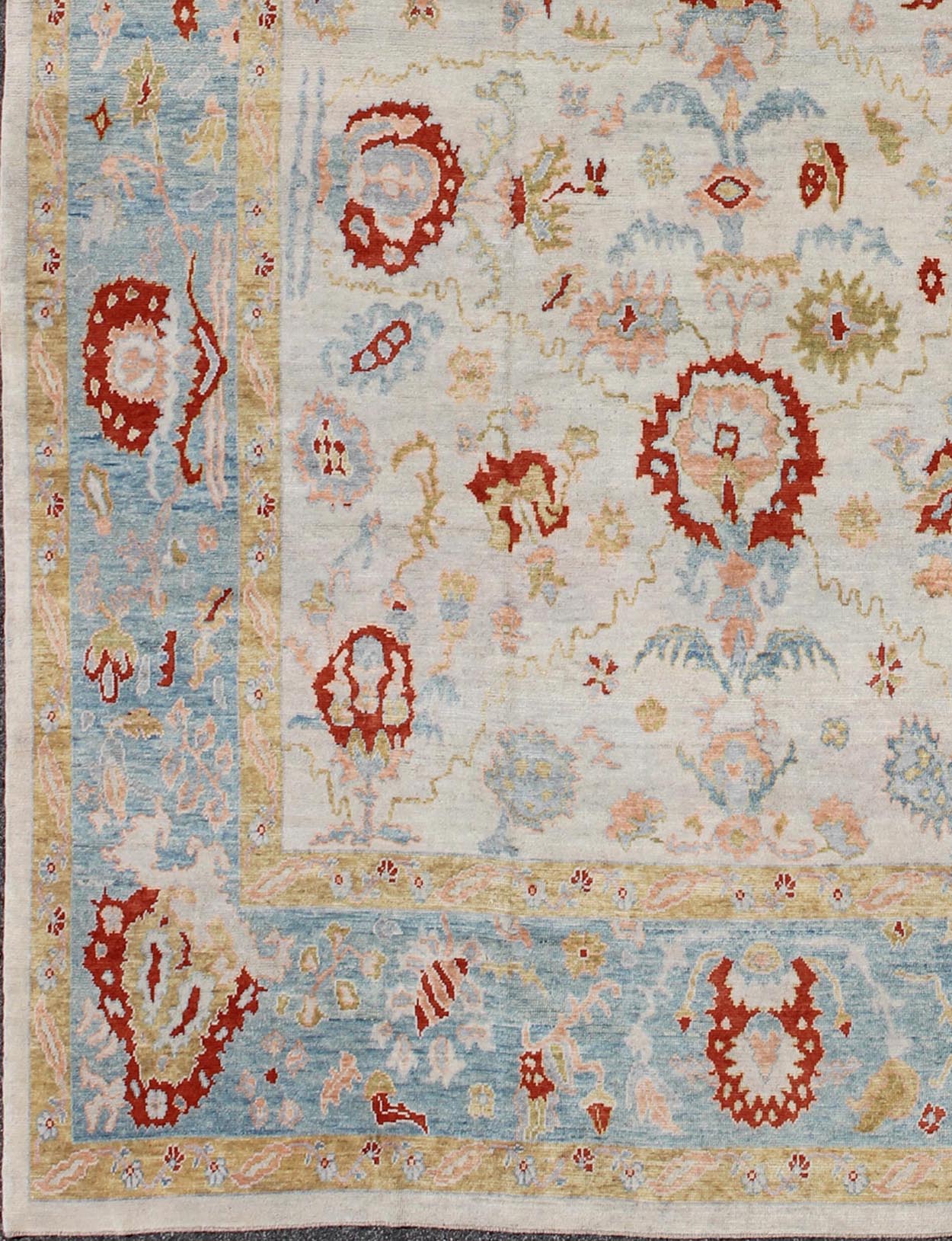 Large Angora Oushak Turkish Rug with All Over Design in Light Blue, Ivory & Red. Large Turkish Oushak rug with array of light colors with a pop of red and medium tones colors and large scale tribal design, rug MSD - 3377, country of origin / type:... - Keivan Woven ArtsMSD - 3377 - 6137Rug