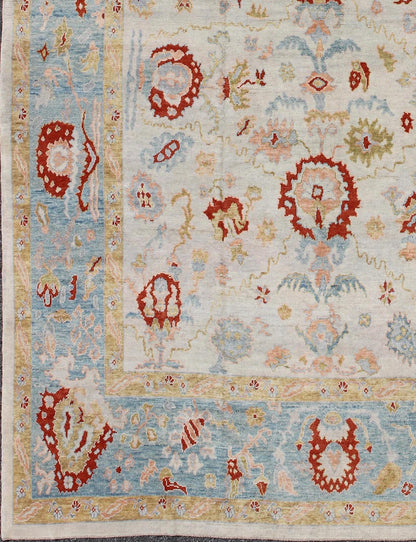 Large Angora Oushak Turkish Rug with All Over Design in Light Blue, Ivory & Red. Large Turkish Oushak rug with array of light colors with a pop of red and medium tones colors and large scale tribal design, rug MSD - 3377, country of origin / type:... - Keivan Woven ArtsMSD - 3377 - 6137Rug