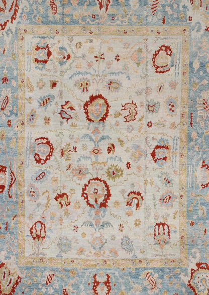 Large Angora Oushak Turkish Rug with All Over Design in Light Blue, Ivory & Red. Large Turkish Oushak rug with array of light colors with a pop of red and medium tones colors and large scale tribal design, rug MSD - 3377, country of origin / type:... - Keivan Woven ArtsMSD - 3377 - 6137Rug