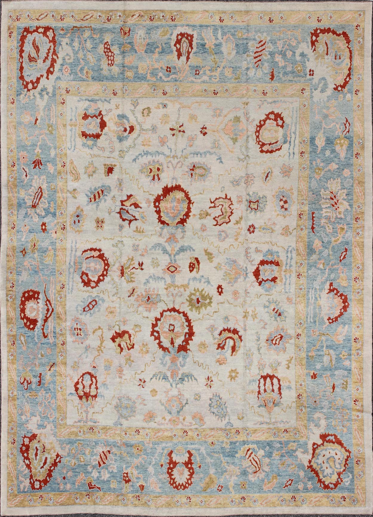 Large Angora Oushak Turkish Rug with All Over Design in Light Blue, Ivory & Red. Large Turkish Oushak rug with array of light colors with a pop of red and medium tones colors and large scale tribal design, rug MSD - 3377, country of origin / type:... - Keivan Woven ArtsMSD - 3377 - 6137Rug