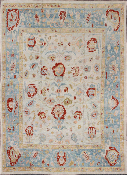 Large Angora Oushak Turkish Rug with All Over Design in Light Blue, Ivory & Red. Large Turkish Oushak rug with array of light colors with a pop of red and medium tones colors and large scale tribal design, rug MSD - 3377, country of origin / type:... - Keivan Woven ArtsMSD - 3377 - 6137Rug