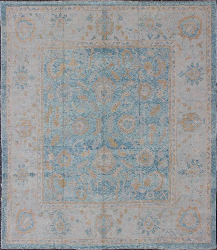 Angora Turkish Oushak Rug in Blue. Measures: 10'10 x 12'1. Blue, Silver, Taupe Oushak rug from Turkey, rug msd - 3381, They have healthy, low piles that have been distressed to model the textures of their original, antique counterparts. This partic... - Keivan Woven ArtsMSD - 3381 - 5712Rug
