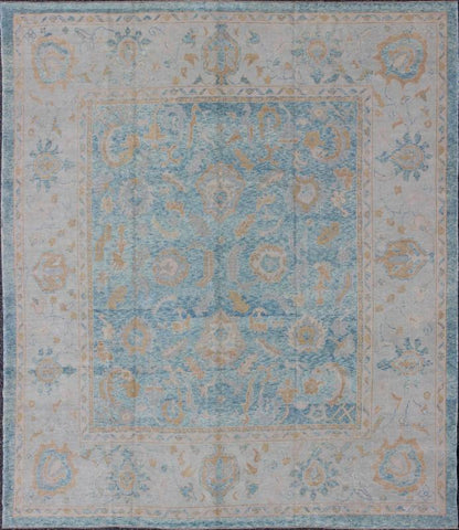 Angora Turkish Oushak Rug in Blue. Measures: 10'10 x 12'1. Blue, Silver, Taupe Oushak rug from Turkey, rug msd - 3381, They have healthy, low piles that have been distressed to model the textures of their original, antique counterparts. This partic... - Keivan Woven ArtsMSD - 3381 - 5712Rug