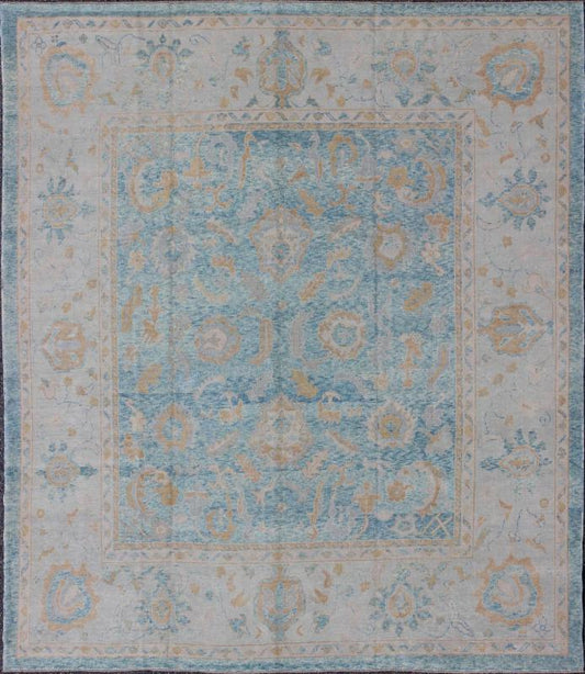 Angora Turkish Oushak Rug in Blue. Measures: 10'10 x 12'1. Blue, Silver, Taupe Oushak rug from Turkey, rug msd - 3381, They have healthy, low piles that have been distressed to model the textures of their original, antique counterparts. This partic... - Keivan Woven ArtsMSD - 3381 - 5712Rug