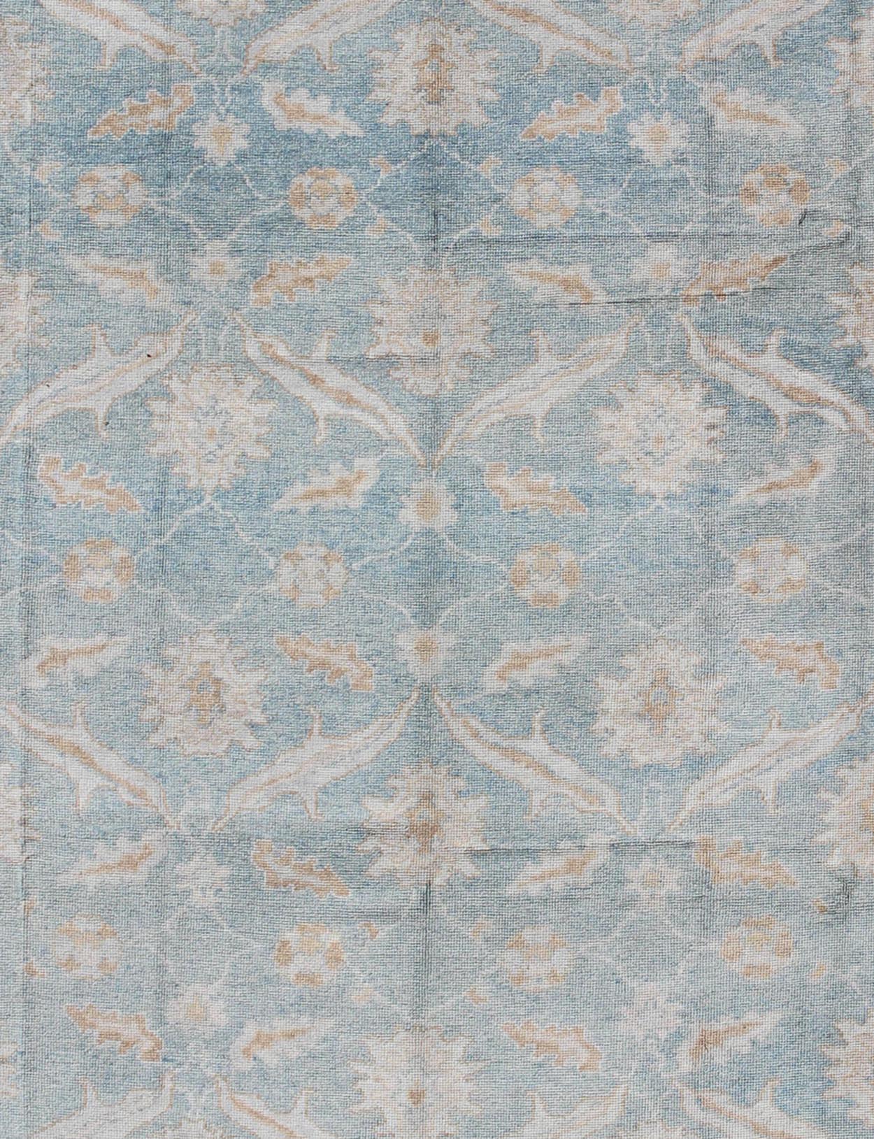 Square Turkish Oushak Rug in Light Blue, Light Brown, Salmon, Silver & Tan. Light Blue background, Silver border with light brown, light salmon, blush, Taupe and Tan Turkish Oushak rug, rug MSD - 3382, country of origin / type: Turkey / Angora Ou... - Keivan Woven ArtsMSD - 3382 - 6141Rug