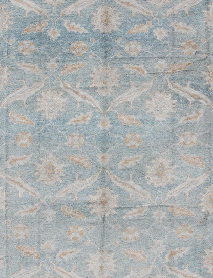 Square Turkish Oushak Rug in Light Blue, Light Brown, Salmon, Silver & Tan. Light Blue background, Silver border with light brown, light salmon, blush, Taupe and Tan Turkish Oushak rug, rug MSD - 3382, country of origin / type: Turkey / Angora Ou... - Keivan Woven ArtsMSD - 3382 - 6141Rug