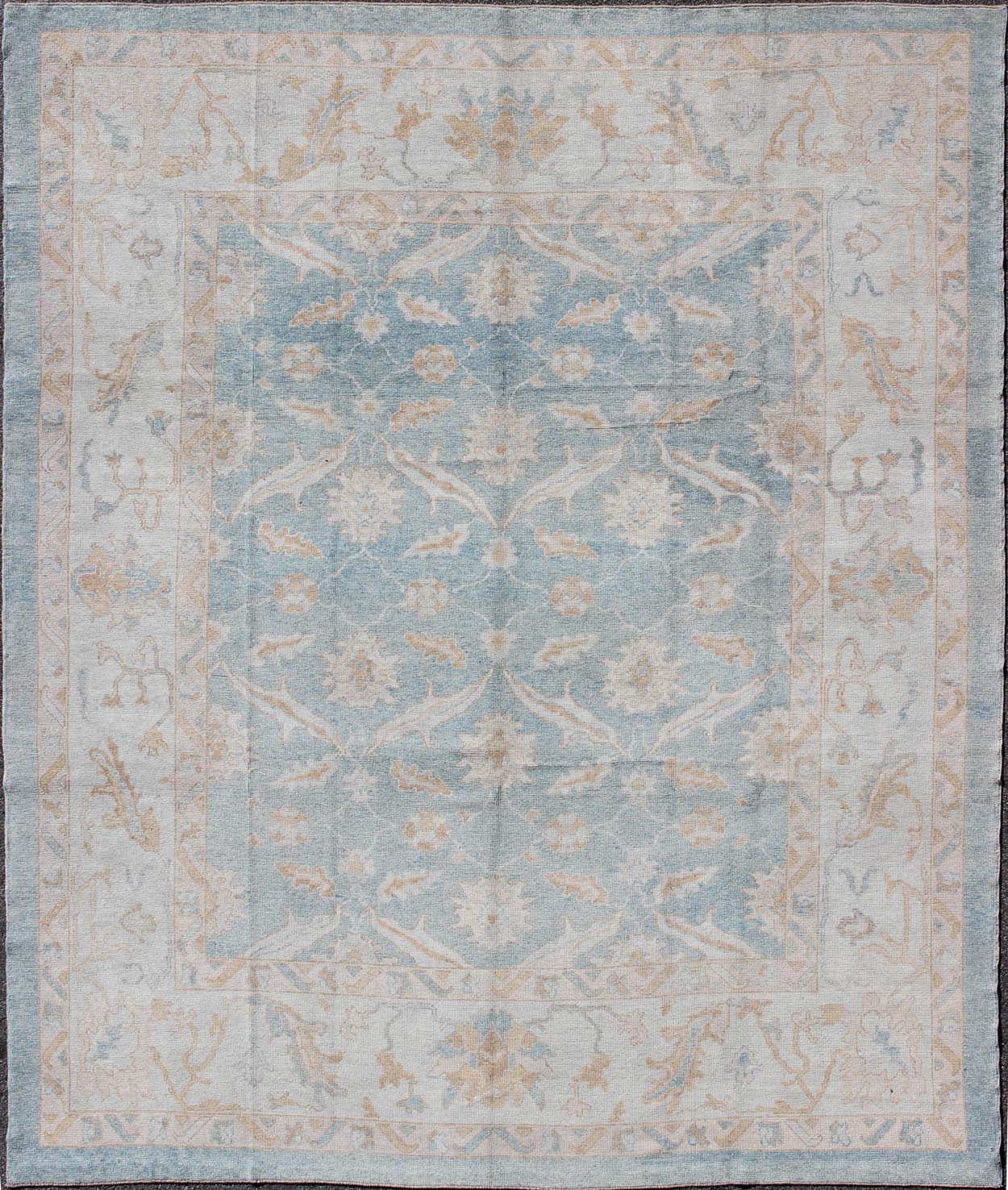 Square Turkish Oushak Rug in Light Blue, Light Brown, Salmon, Silver & Tan. Light Blue background, Silver border with light brown, light salmon, blush, Taupe and Tan Turkish Oushak rug, rug MSD - 3382, country of origin / type: Turkey / Angora Ou... - Keivan Woven ArtsMSD - 3382 - 6141Rug