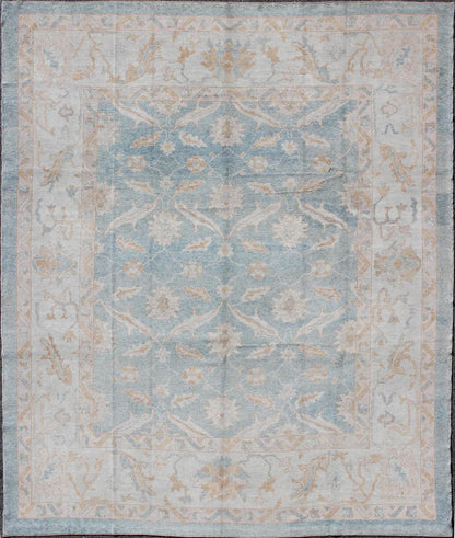 Square Turkish Oushak Rug in Light Blue, Light Brown, Salmon, Silver & Tan. Light Blue background, Silver border with light brown, light salmon, blush, Taupe and Tan Turkish Oushak rug, rug MSD - 3382, country of origin / type: Turkey / Angora Ou... - Keivan Woven ArtsMSD - 3382 - 6141Rug