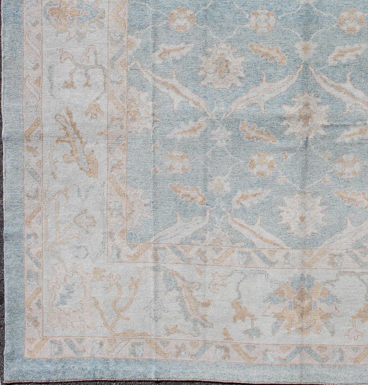Square Turkish Oushak Rug in Light Blue, Light Brown, Salmon, Silver & Tan. Light Blue background, Silver border with light brown, light salmon, blush, Taupe and Tan Turkish Oushak rug, rug MSD - 3382, country of origin / type: Turkey / Angora Ou... - Keivan Woven ArtsMSD - 3382 - 6141Rug