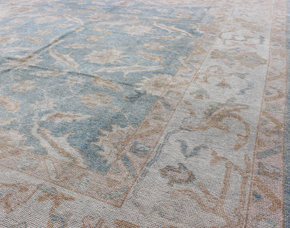 Square Turkish Oushak Rug in Light Blue, Light Brown, Salmon, Silver & Tan. Light Blue background, Silver border with light brown, light salmon, blush, Taupe and Tan Turkish Oushak rug, rug MSD - 3382, country of origin / type: Turkey / Angora Ou... - Keivan Woven ArtsMSD - 3382 - 6141Rug