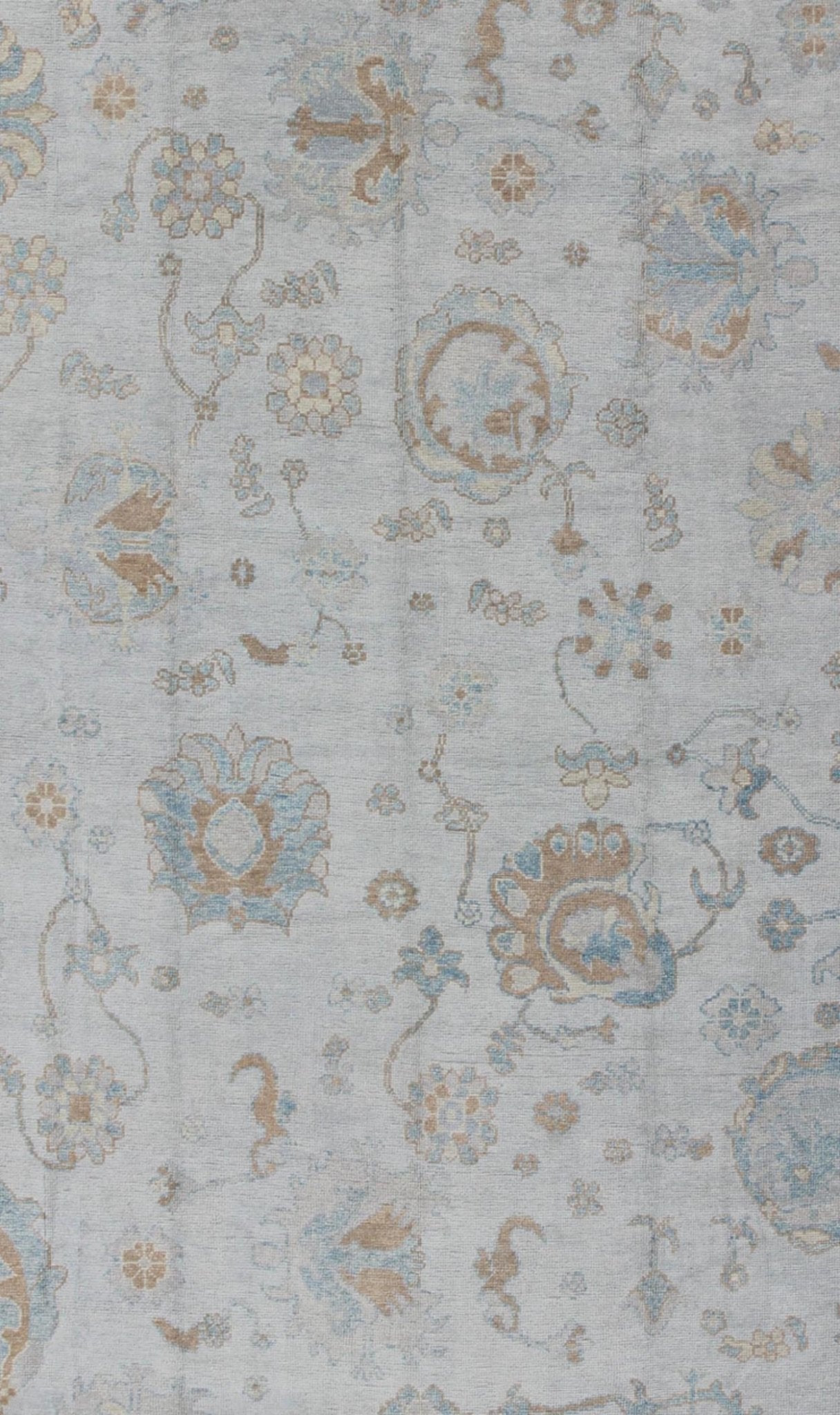 Large Turkish Oushak Rug with Neutral Color Palette in Off White, Light Blue. All - over flower design Turkish Oushak rug with neutral color palette with Off White background, tan and blush border with Light Blue and light brown and salmon accent... - Keivan Woven ArtsMSD - 3384 - 6145Rug