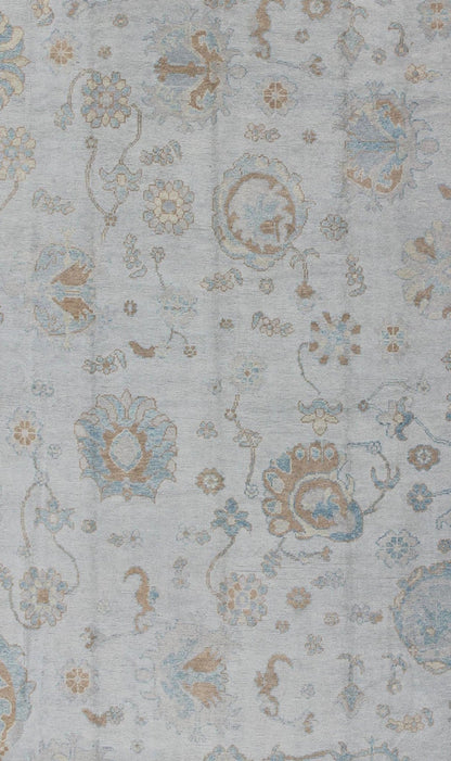 Large Turkish Oushak Rug with Neutral Color Palette in Off White, Light Blue. All - over flower design Turkish Oushak rug with neutral color palette with Off White background, tan and blush border with Light Blue and light brown and salmon accent... - Keivan Woven ArtsMSD - 3384 - 6145Rug