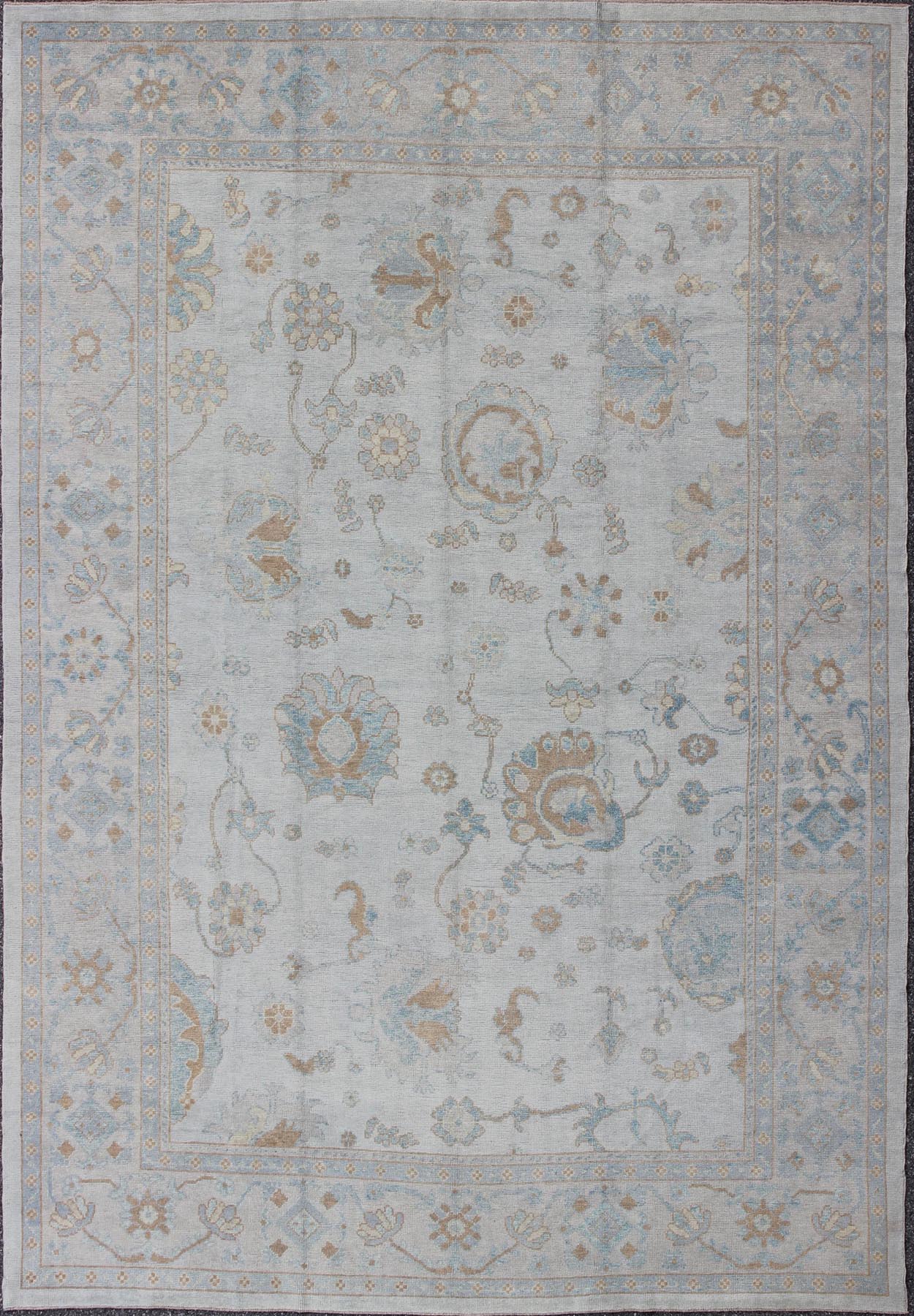 Large Turkish Oushak Rug with Neutral Color Palette in Off White, Light Blue. All - over flower design Turkish Oushak rug with neutral color palette with Off White background, tan and blush border with Light Blue and light brown and salmon accent... - Keivan Woven ArtsMSD - 3384 - 6145Rug