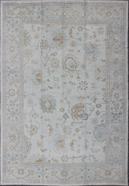 Large Turkish Oushak Rug with Neutral Color Palette in Off White, Light Blue. All - over flower design Turkish Oushak rug with neutral color palette with Off White background, tan and blush border with Light Blue and light brown and salmon accent... - Keivan Woven ArtsMSD - 3384 - 6145Rug