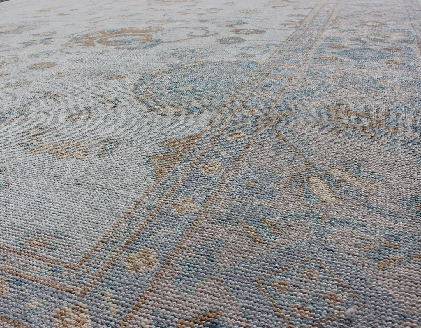 Large Turkish Oushak Rug with Neutral Color Palette in Off White, Light Blue. All - over flower design Turkish Oushak rug with neutral color palette with Off White background, tan and blush border with Light Blue and light brown and salmon accent... - Keivan Woven ArtsMSD - 3384 - 6145Rug