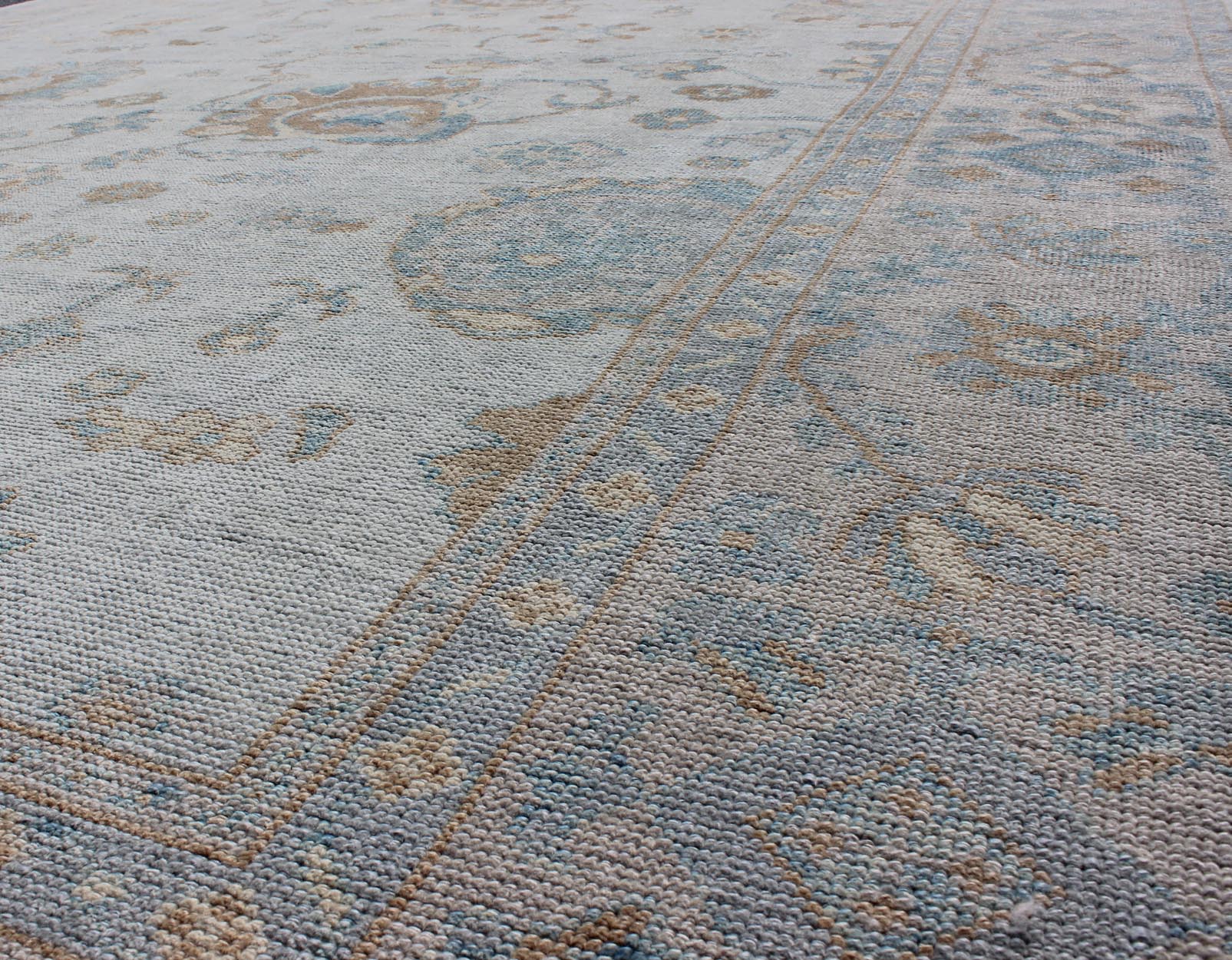 Large Turkish Oushak Rug with Neutral Color Palette in Off White, Light Blue. All - over flower design Turkish Oushak rug with neutral color palette with Off White background, tan and blush border with Light Blue and light brown and salmon accent... - Keivan Woven ArtsMSD - 3384 - 6145Rug