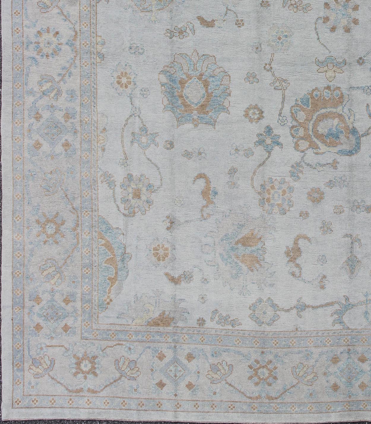 Large Turkish Oushak Rug with Neutral Color Palette in Off White, Light Blue. All - over flower design Turkish Oushak rug with neutral color palette with Off White background, tan and blush border with Light Blue and light brown and salmon accent... - Keivan Woven ArtsMSD - 3384 - 6145Rug