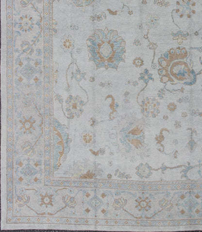 Large Turkish Oushak Rug with Neutral Color Palette in Off White, Light Blue. All - over flower design Turkish Oushak rug with neutral color palette with Off White background, tan and blush border with Light Blue and light brown and salmon accent... - Keivan Woven ArtsMSD - 3384 - 6145Rug