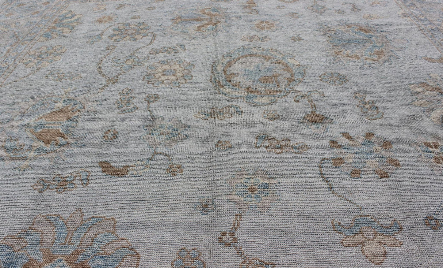 Large Turkish Oushak Rug with Neutral Color Palette in Off White, Light Blue. All - over flower design Turkish Oushak rug with neutral color palette with Off White background, tan and blush border with Light Blue and light brown and salmon accent... - Keivan Woven ArtsMSD - 3384 - 6145Rug