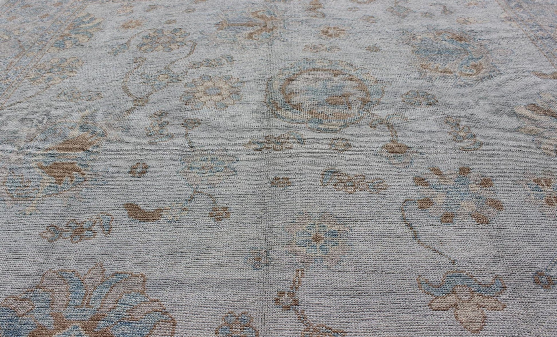 Large Turkish Oushak Rug with Neutral Color Palette in Off White, Light Blue. All - over flower design Turkish Oushak rug with neutral color palette with Off White background, tan and blush border with Light Blue and light brown and salmon accent... - Keivan Woven ArtsMSD - 3384 - 6145Rug