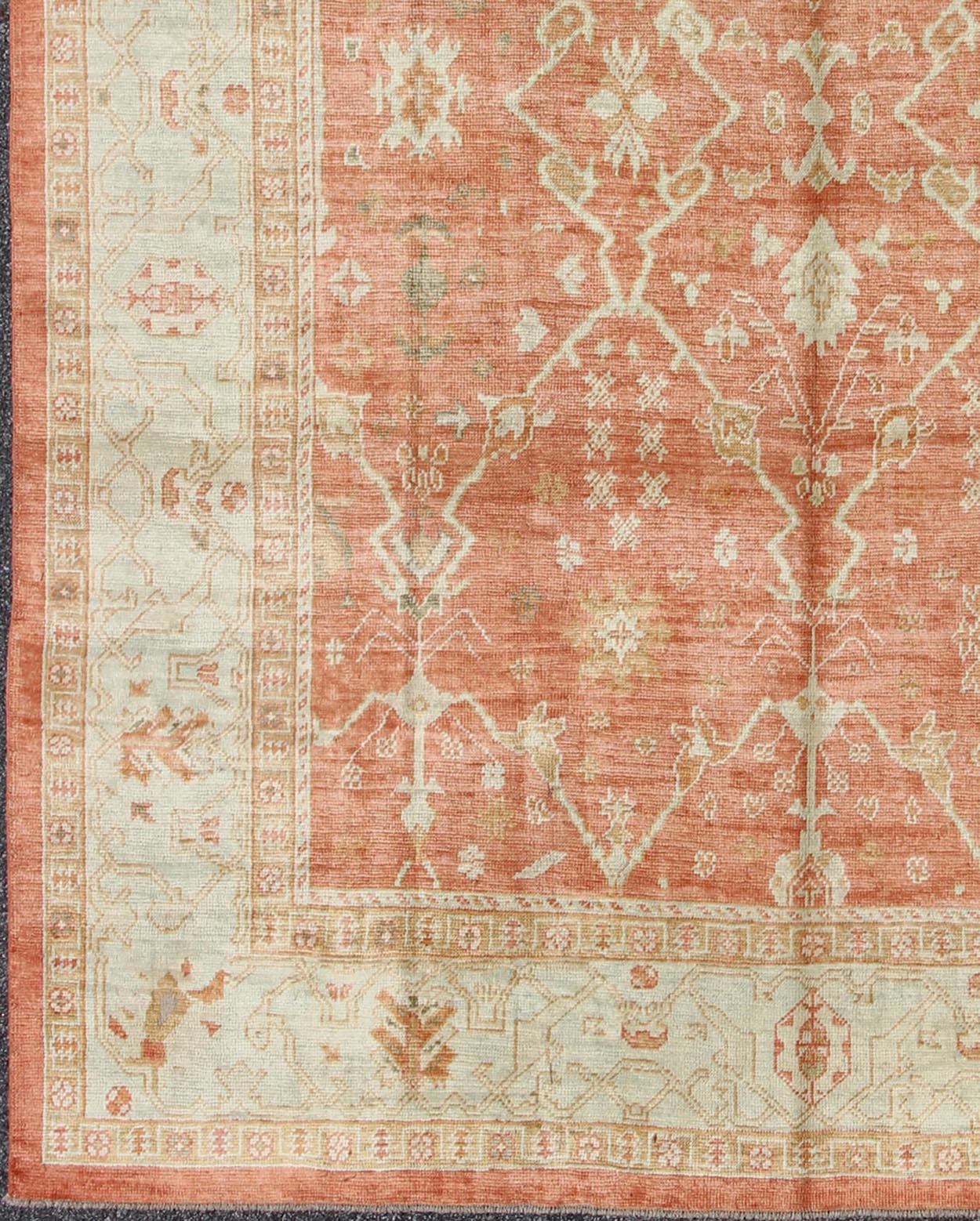 Turkish Oushak Rug with Angora Wool in Rust Orange, Green and Cream Tones Turkish Oushak with Angora Wool, rug MSD - A1364, country of origin / type: Turkey / Oushak, circa Early - 21st Century. Measures: 9'10 x 12'10. This rug featur... - Keivan Woven ArtsMSD - A1364 - 4916Rug