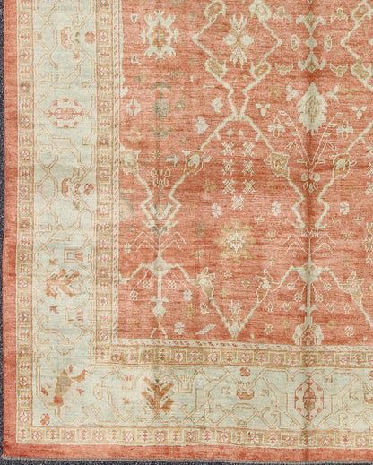 Turkish Oushak Rug with Angora Wool in Rust Orange, Green and Cream Tones Turkish Oushak with Angora Wool, rug MSD - A1364, country of origin / type: Turkey / Oushak, circa Early - 21st Century. Measures: 9'10 x 12'10. This rug featur... - Keivan Woven ArtsMSD - A1364 - 4916Rug