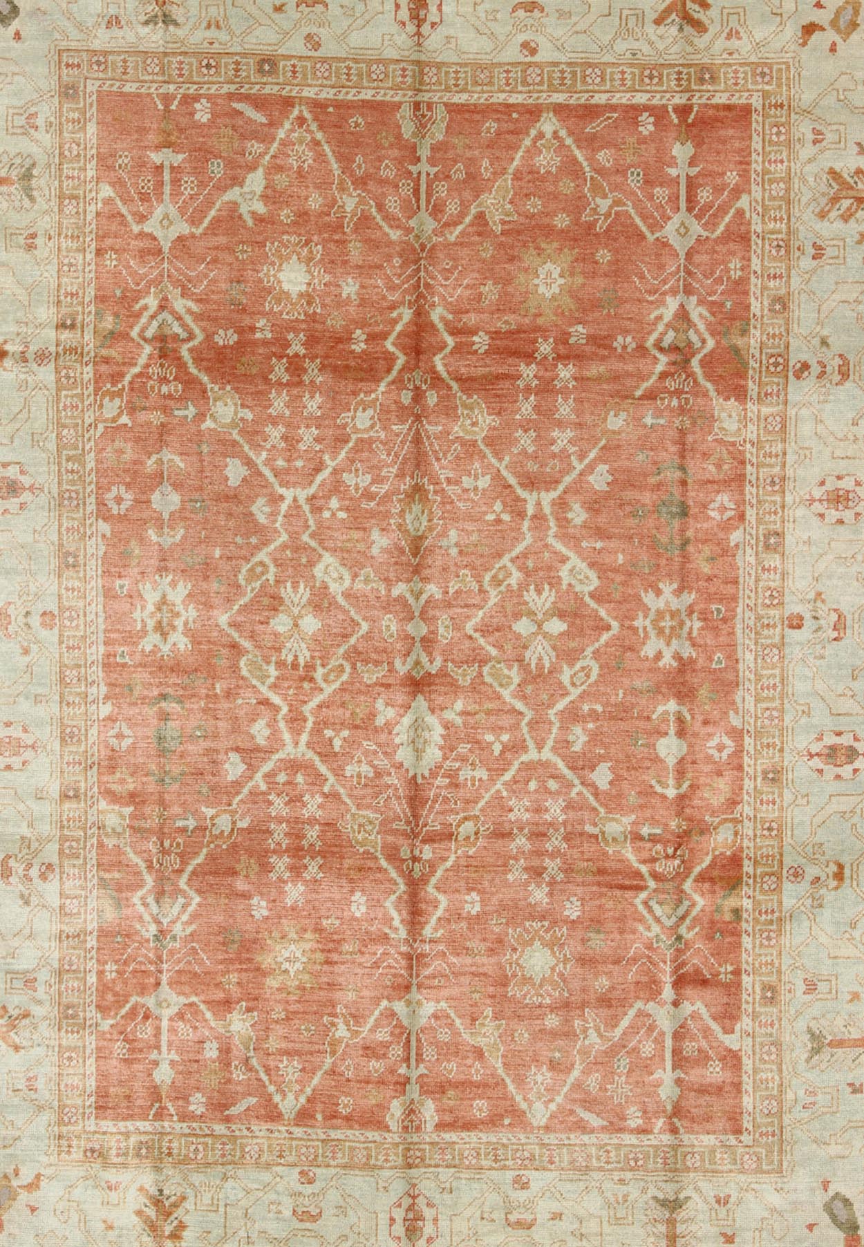 Turkish Oushak Rug with Angora Wool in Rust Orange, Green and Cream Tones Turkish Oushak with Angora Wool, rug MSD - A1364, country of origin / type: Turkey / Oushak, circa Early - 21st Century. Measures: 9'10 x 12'10. This rug featur... - Keivan Woven ArtsMSD - A1364 - 4916Rug