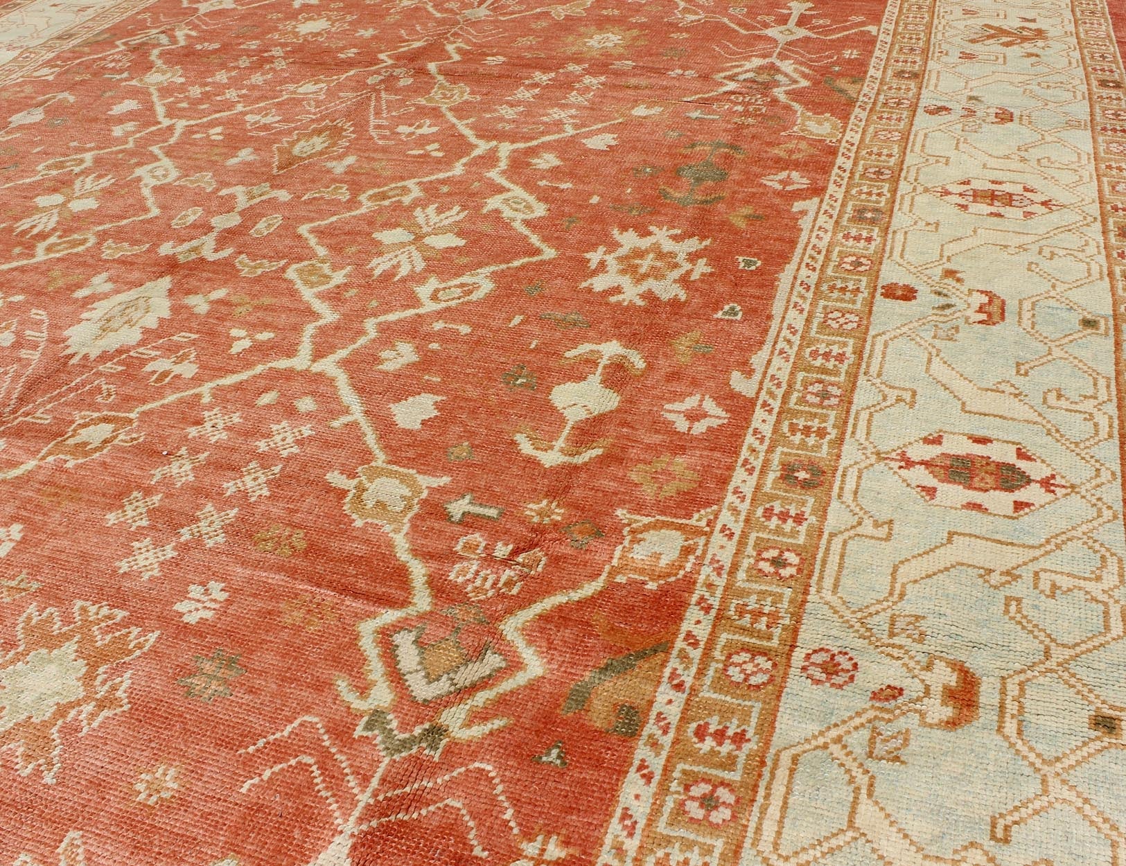 Turkish Oushak Rug with Angora Wool in Rust Orange, Green and Cream Tones Turkish Oushak with Angora Wool, rug MSD - A1364, country of origin / type: Turkey / Oushak, circa Early - 21st Century. Measures: 9'10 x 12'10. This rug featur... - Keivan Woven ArtsMSD - A1364 - 4916Rug