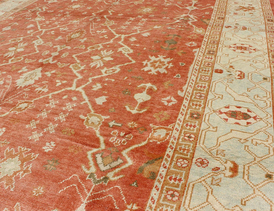 Turkish Oushak Rug with Angora Wool in Rust Orange, Green and Cream Tones Turkish Oushak with Angora Wool, rug MSD - A1364, country of origin / type: Turkey / Oushak, circa Early - 21st Century. Measures: 9'10 x 12'10. This rug featur... - Keivan Woven ArtsMSD - A1364 - 4916Rug