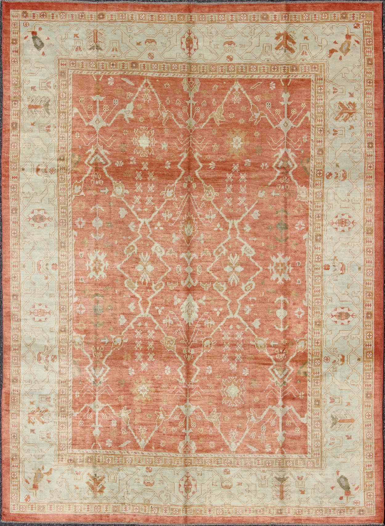 Turkish Oushak Rug with Angora Wool in Rust Orange, Green and Cream Tones Turkish Oushak with Angora Wool, rug MSD - A1364, country of origin / type: Turkey / Oushak, circa Early - 21st Century. Measures: 9'10 x 12'10. This rug featur... - Keivan Woven ArtsMSD - A1364 - 4916Rug