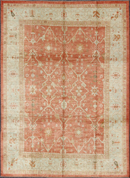 Turkish Oushak Rug with Angora Wool in Rust Orange, Green and Cream Tones Turkish Oushak with Angora Wool, rug MSD - A1364, country of origin / type: Turkey / Oushak, circa Early - 21st Century. Measures: 9'10 x 12'10. This rug featur... - Keivan Woven ArtsMSD - A1364 - 4916Rug