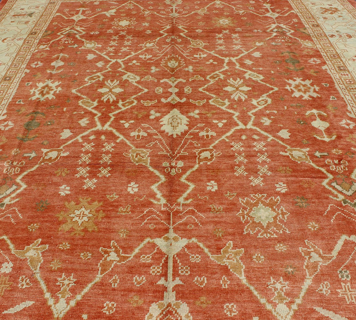 Turkish Oushak Rug with Angora Wool in Rust Orange, Green and Cream Tones Turkish Oushak with Angora Wool, rug MSD - A1364, country of origin / type: Turkey / Oushak, circa Early - 21st Century. Measures: 9'10 x 12'10. This rug featur... - Keivan Woven ArtsMSD - A1364 - 4916Rug