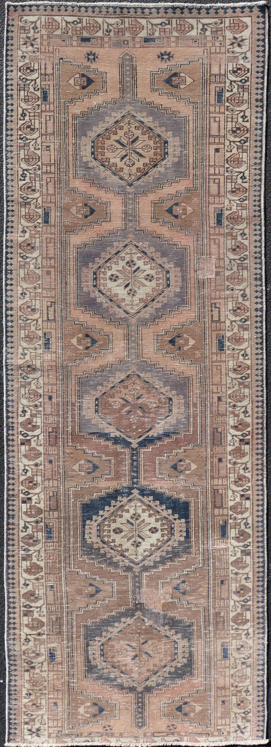 Vintage Persian Karajeh Distressed Rug With Medallion Design by Keivan Woven Arts. Keivan Woven Arts / rug MSE - 1126, country of origin / type: Iran / Karajeh, circa 1960. Measures: 3'6 x 10'7 This vintage Persian Karajeh carpet features a refin... - Keivan Woven ArtsMSE - 1126 - 25545Rug
