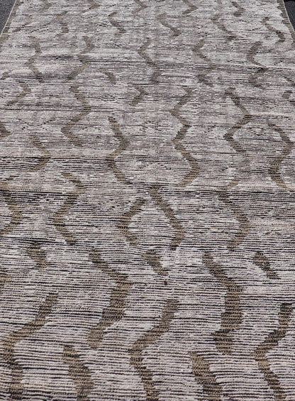 Modern Moroccan Gallery Rug in Wool with Abstract Design in Black, Gold, Cream. Keivan Woven Arts; rug MSE - 11264, country of origin / type: Afghanistan / Modern Casual, circa Early - 21th Century. Measures: 5'10 x 12'8 This modern casual tribal ru... - Keivan Woven ArtsMSE - 11264 - 25600Rug